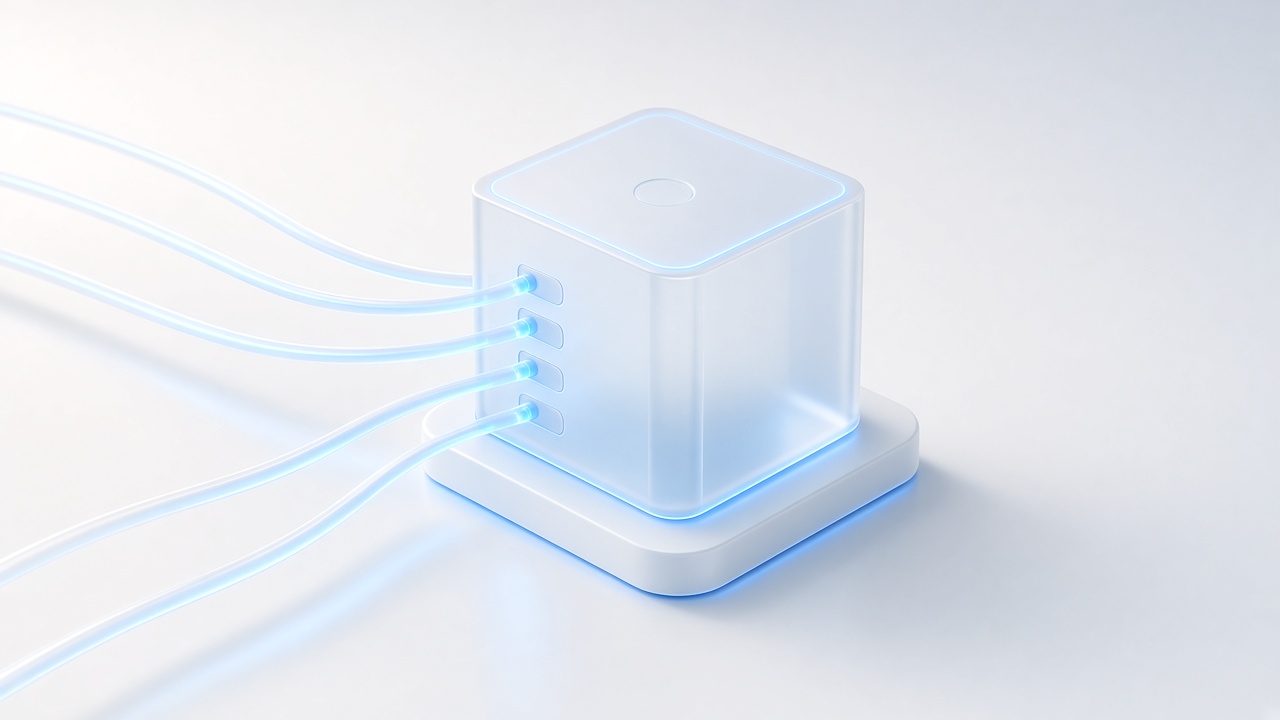 A cyan filament passing gates into a royal-blue core.
