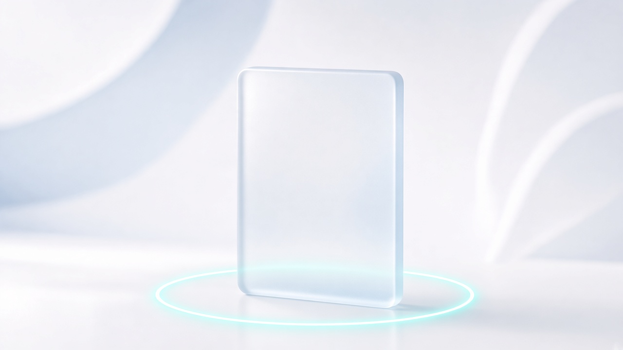 A frosted glass panel standing inside a soft cyan ring.