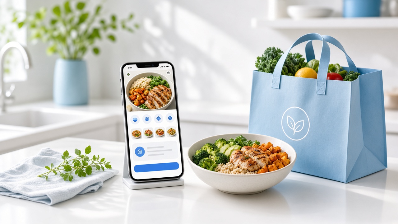 Smartphone food ordering app beside a delivery bag and fresh produce.