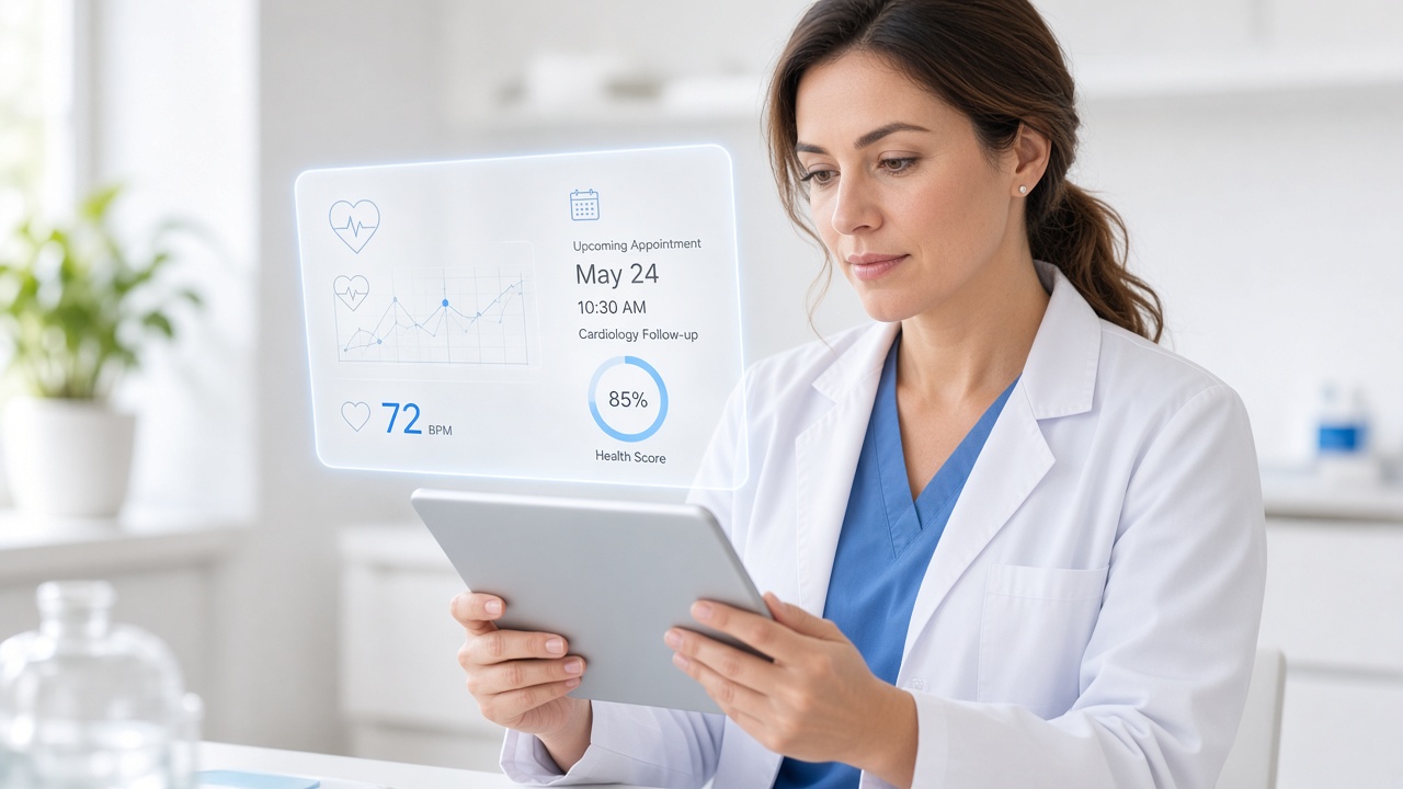 Healthcare professional with a tablet and a soft floating health dashboard.