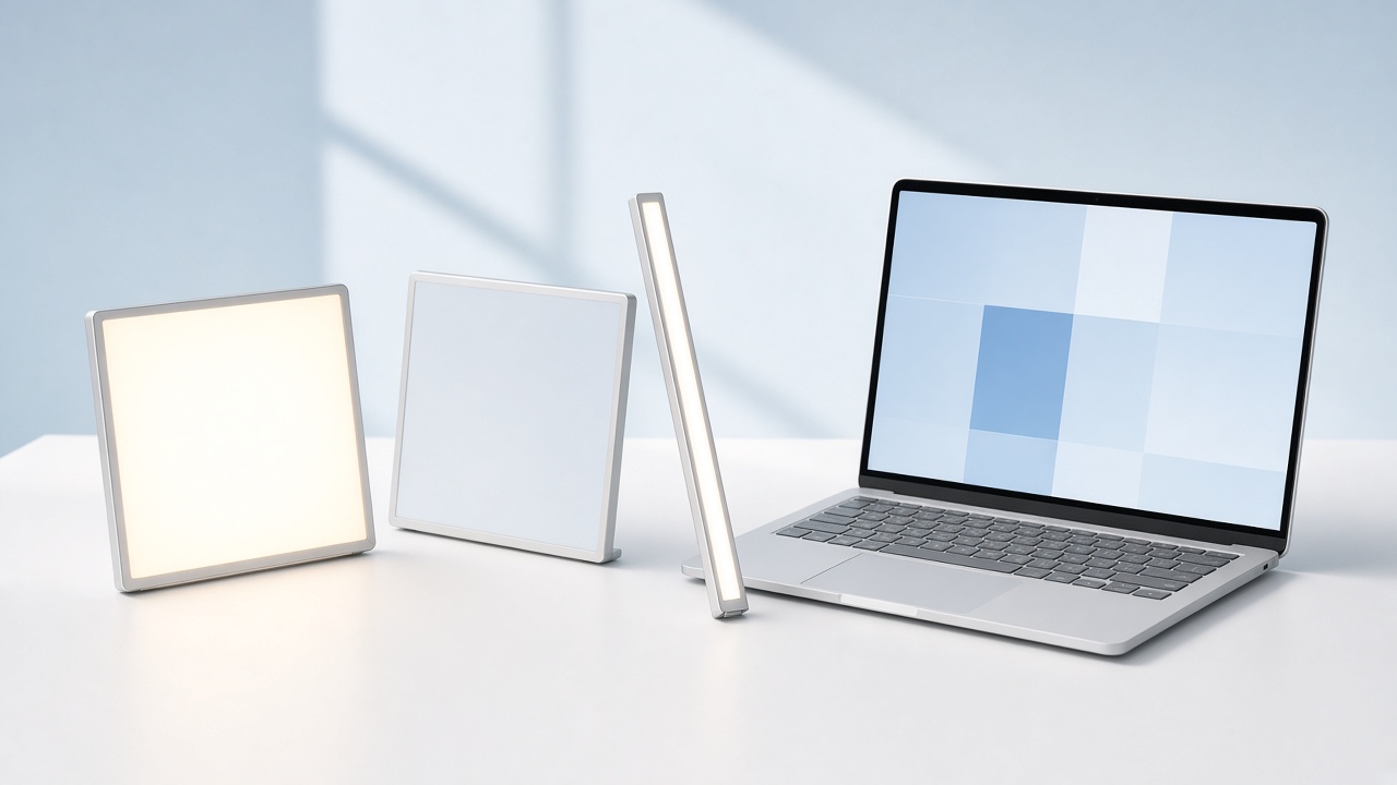 LED light panels and a laptop on a bright white studio table.