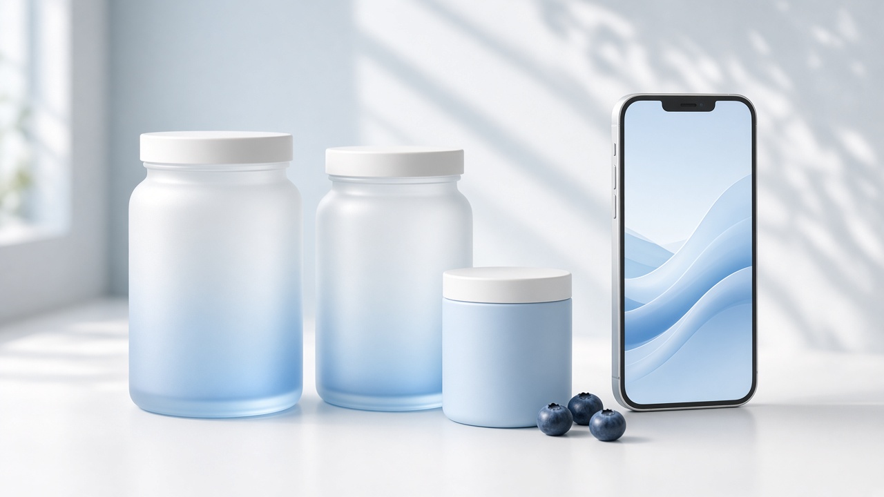 Frosted nutrition jars and a smartphone on a bright studio surface.