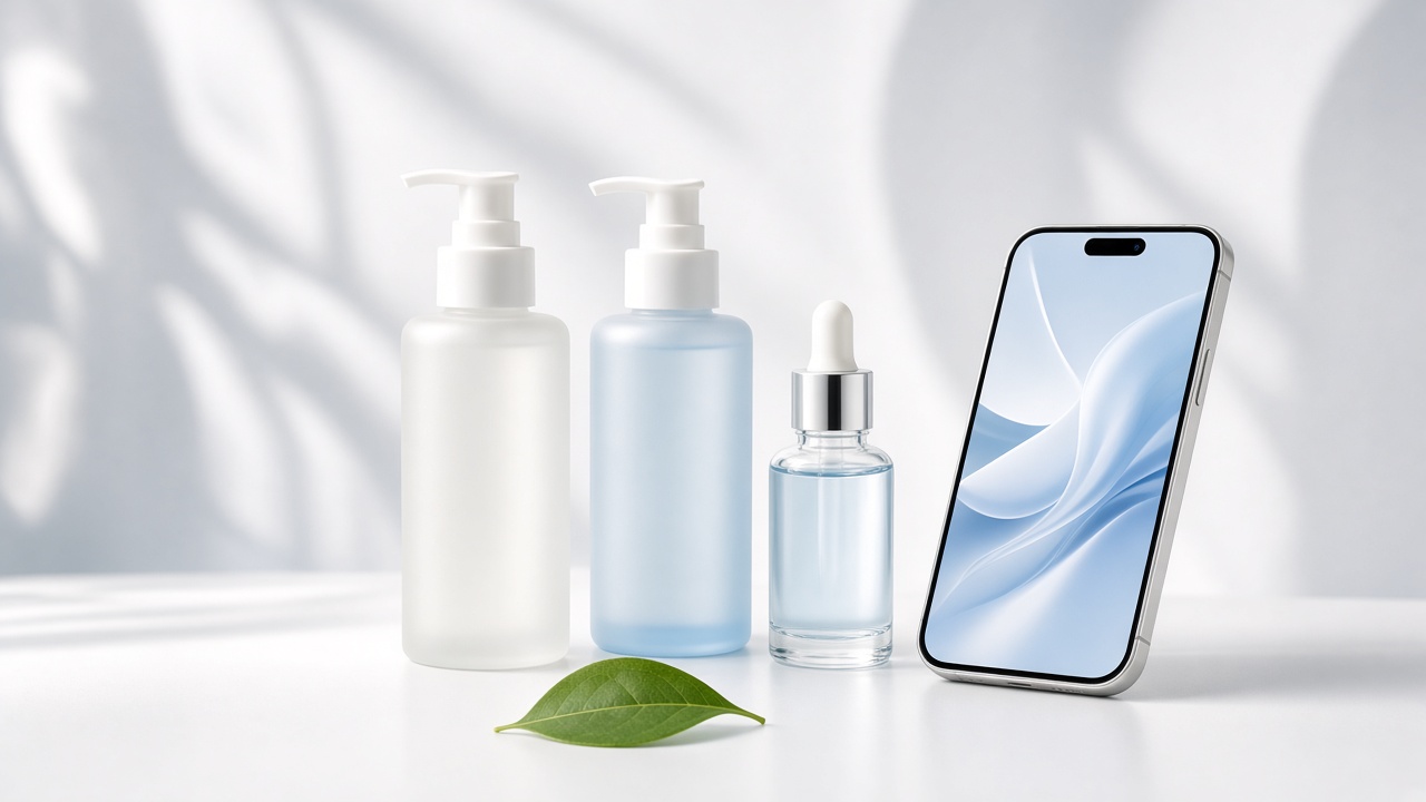 Personal care bottles and a smartphone on a bright white surface.