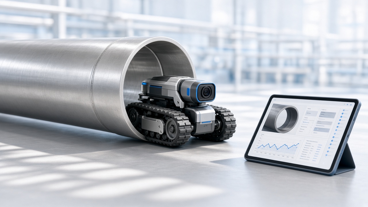 Inspection robot and tablet beside a clean metal pipeline in daylight.
