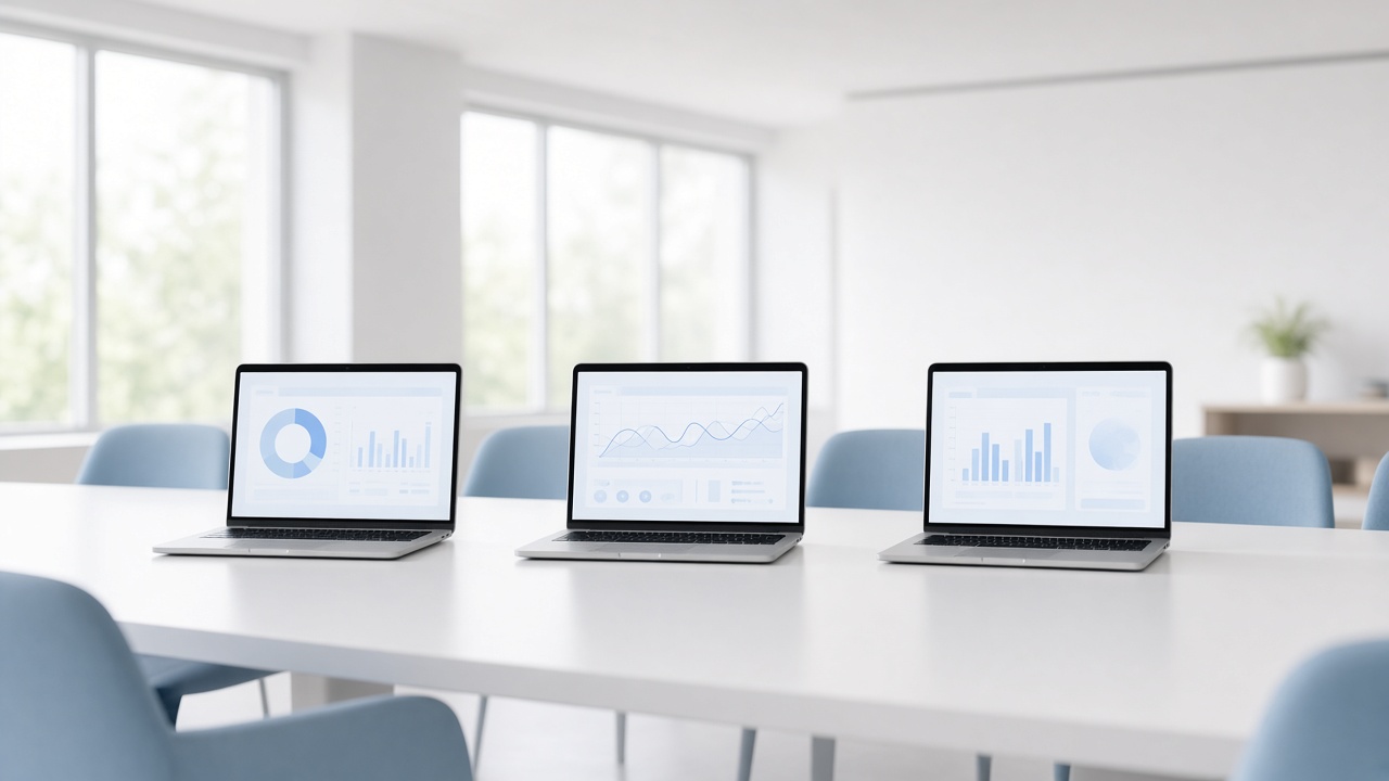 Three laptops on a bright conference table for a platform team.
