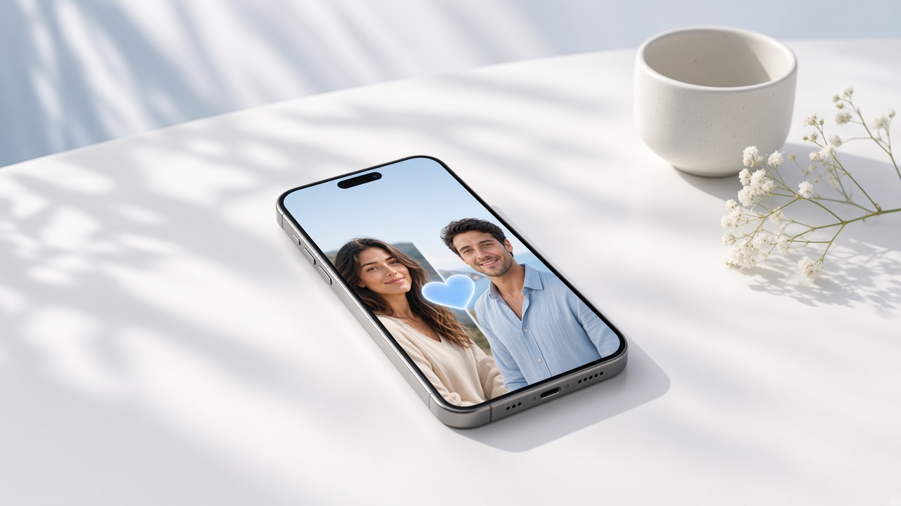 A phone showing a dating match with a soft blue heart between two profiles.