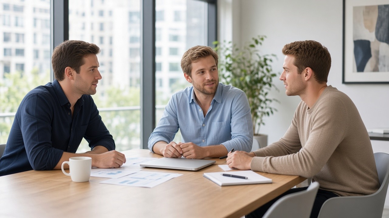 Three colleagues in a bright boardroom, each with a different face.