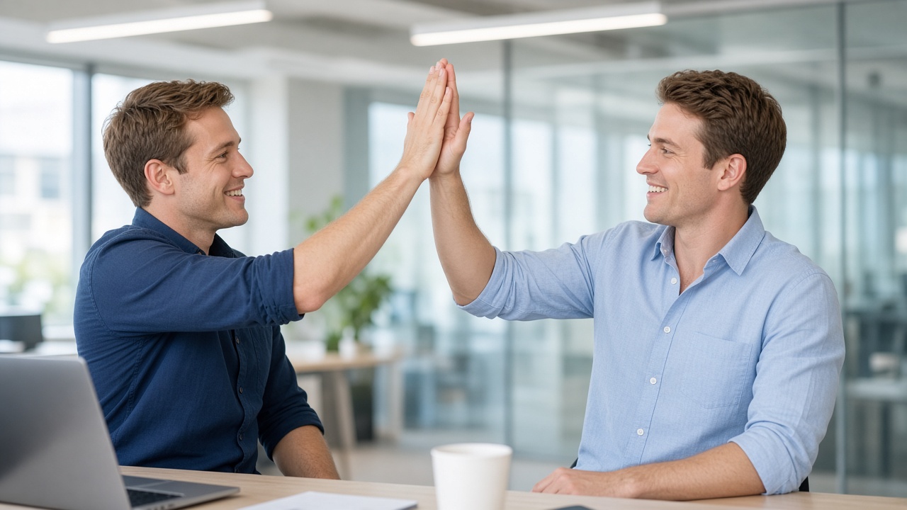 Two young white American teammates celebrating with a high-five.