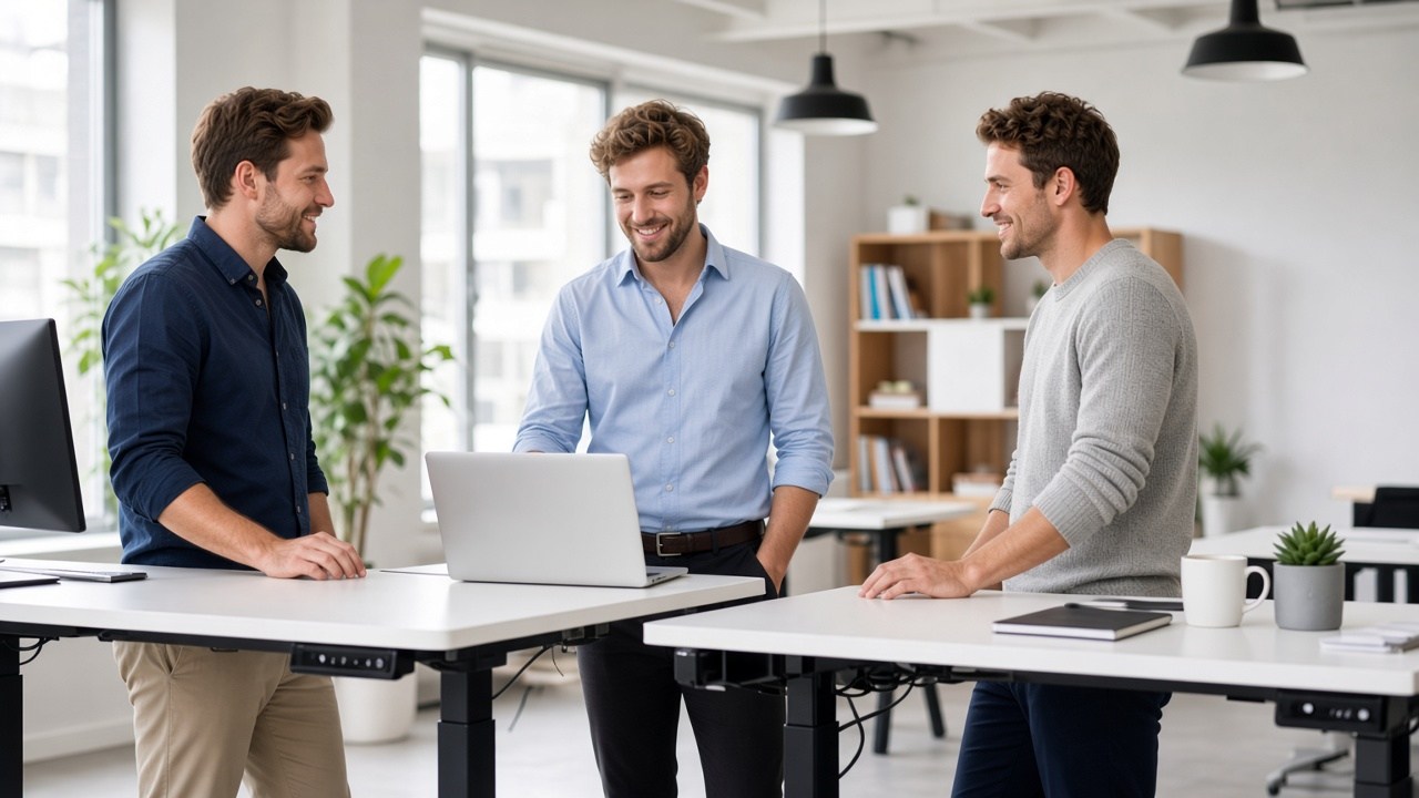 Young white American engineers working together in a bright office.