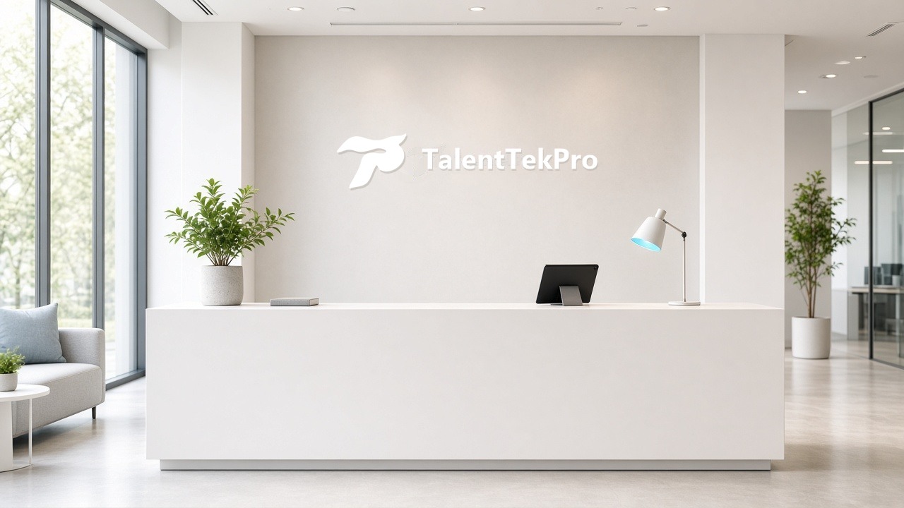 Bright office reception with the TalentTekPro mark on the wall.