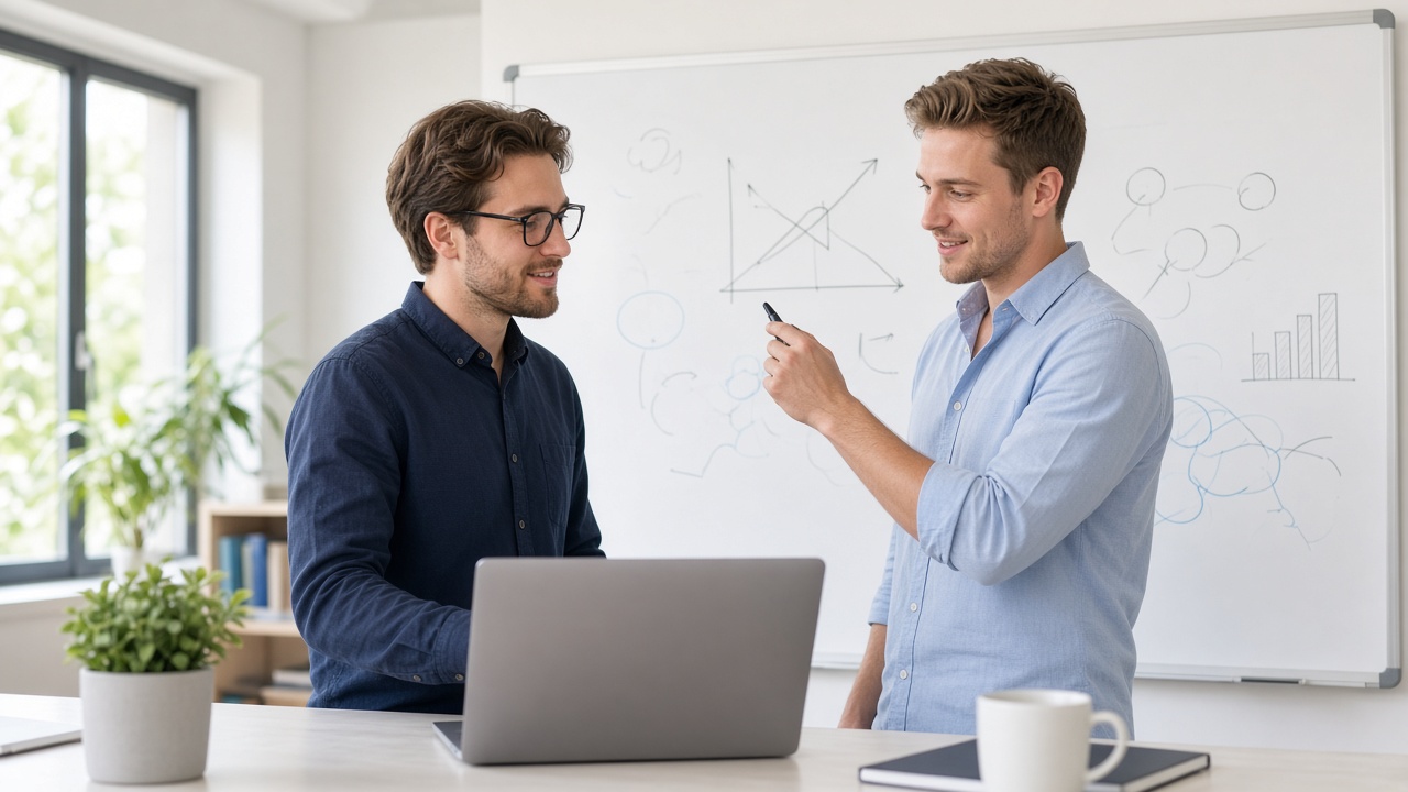 Two young white American engineers reviewing a laptop.
