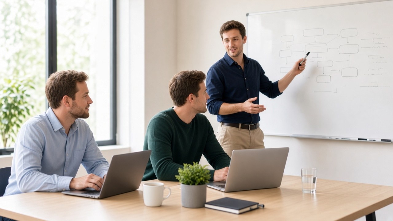 Young white American team in a bright strategy meeting.