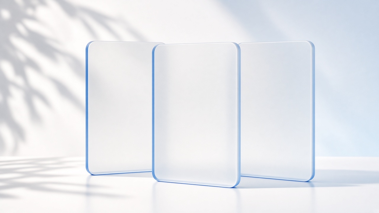 Three frosted glass portfolio cards in a neat floating row.